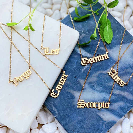 Old English Zodiac Necklace – Gold Stainless Steel