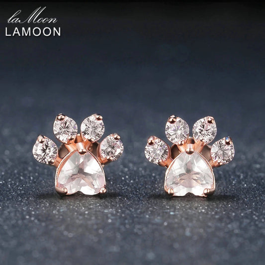LAMOON Cat Paw 925 Sterling Silver Rose Quartz Stud Earrings for Women